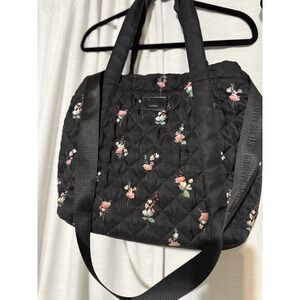 Steve Madden Black Quilted Floral Puffer Tote Bag Crossbody Strap Pink Flowers